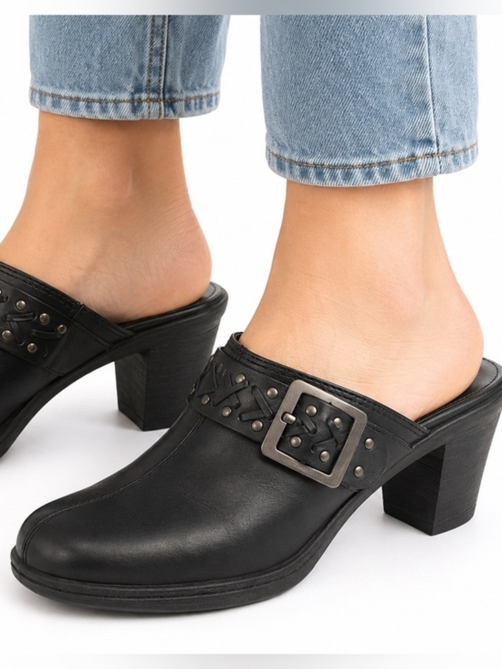Clarks Bendables Black Leather Mule Clogs Women’s 9M Buckle Comfort Heels